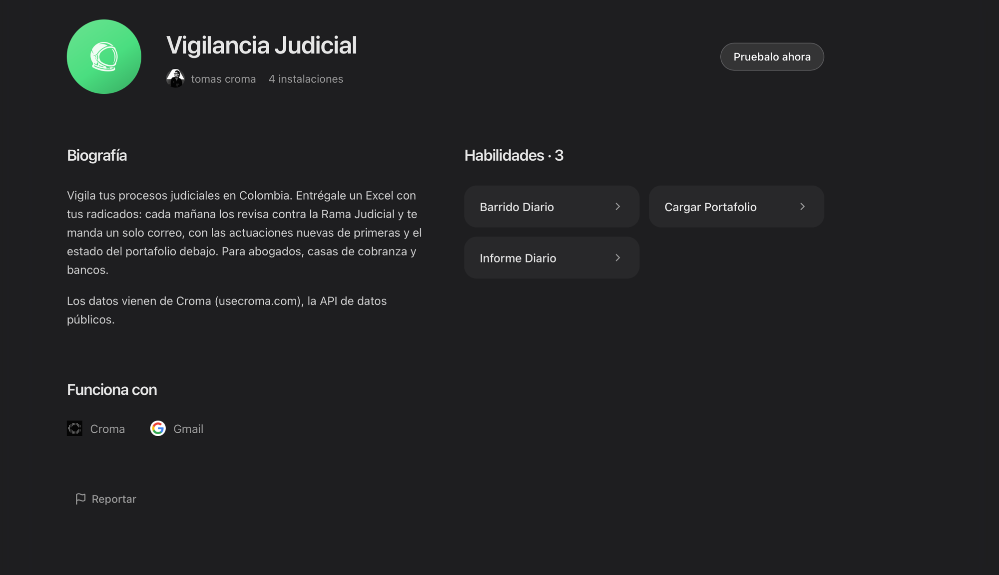 La ficha del agente Vigilancia Judicial en la Tienda de agentes de Houston