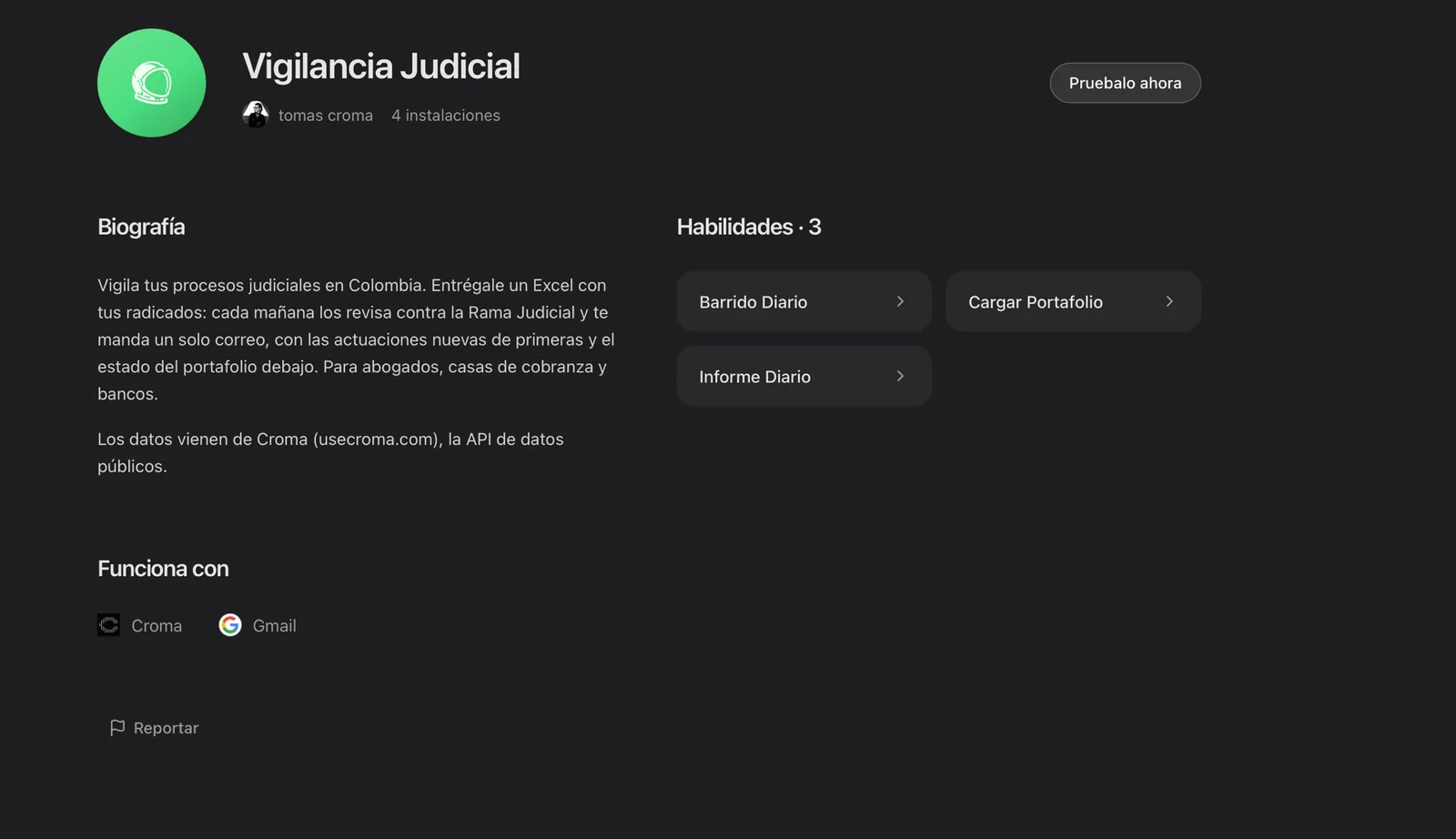 A página do agente Vigilancia Judicial na Loja de agentes do Houston